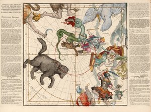 Nordpolen, plade 1 fra Globi coelestis in tabulas planas redacti descriptio, pub. 1674 (håndkoloreret gravering) af Ignace Gaston Pardies