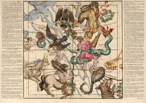 Winter Solstice , Plade 5 fra beskrivelsen af ​​den himmelske klode i flade borde, pub. 1674 (håndfarvet gravering) af Ignace Gaston Pardies