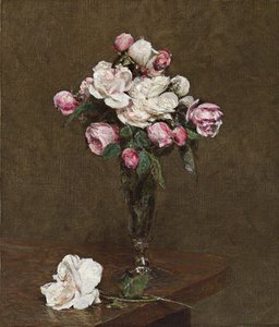 Lyserøde og hvide roser i en champagnefløjte, 1874 af Ignace Henri Jean Fantin Latour