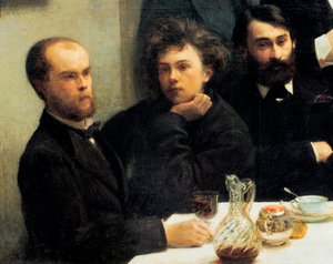 Bordhjørne: fra venstre mod højre: Paul Verlaine, Arthur Rimbaud, Elzear Bonnier. (Maleri, 1800-tallet) af Ignace Henri Jean Fantin Latour