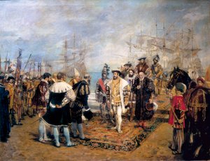 Landgang af Francois I (1494-1547) i havnen i Valencia (Spanien). Luis Villarrasa de Cavanilles (?), guvernør i byen, byder kongen af ​​Frankrig velkommen. Maleri af Ignacio Pinazo Camarlench (1849-1916), olie på lærred