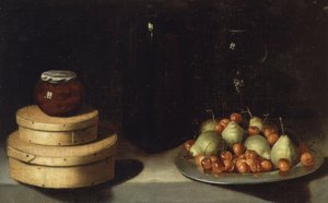 STILLEV (BAKKE MED KIRSEBÆR OG PÆRER, ÆSKER OG FLASKE HONNING) - XX ÅRHUNDREDE af Ignacio Zuloaga y Zabaleta