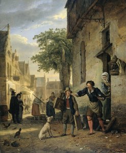 Jan Steen sender sin søn på gaden for at bytte malerier for øl og vin af Ignatius Josephus van Regemorter