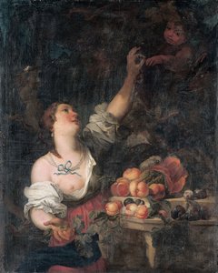 En kvinde, der plukker druer og en putto ved en klassisk piedestal prydet med frugt af Il Borgognone
