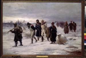 I 1812. (Fanger fanget fra Napoleons Grande Armee går i sneen, udmattede, eskorteret af russiske bønder). Maleri af Illarion Mikhailovich Pryanishnikov (1840-1894), olie på lærred