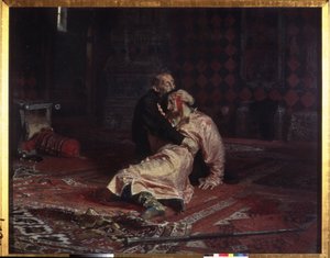Ivan IV den Forfærdelige (1530-1584) omfavner sin søn Ivan Ivanovich (1554-1581), som han netop har såret dødeligt under et skænderi, fredag ​​den 16. november 1581. Maleri af Ilya Yefimovich Repin (Ilia Repin) (19344) , olie på lærred af Ilya Efimovich Repin