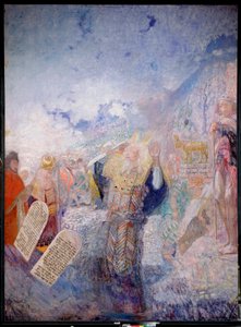 Moses og de ti bud. Bag ham, Guldkalven. Maleri af Yuri Ilyich Repin (Youri Repin) (1877-1954), olie på lærred, ca. 1930. Russisk kunst, 20. århundrede, moderne kunst. I. Repin Memorial Museum Penates, Sankt Petersborg. af Ilya Efimovich Repin