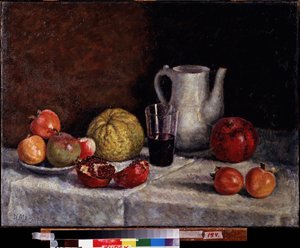 Stilleben med et granatæble. Maleri af Ilya Ivanovich Mashkov (Ilia Mashkov, Matchkov) (1881-1944), olie på lærred, slutningen af ​​1930. Russisk kunst fra det 20. århundrede, sovjetisk kunst. Regionalt A. Deineka kunstgalleri, Kursk (Rusland).