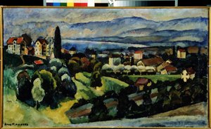 Udsigt over byen Nervi (Italien) Beskrivelse af landskabet og den lille by på kysten af ​​den italienske riviera, nær Genova, om sommeren. Maleri af Ilya Ivanovich Mashkov (Ilia Mashkov, Matchkov) (1881-1944), olie på lærred. af Ilya Ivanovich Mashkov