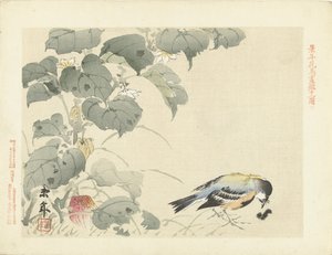 Fugl med larve Blomster- og fugleskitser af Keinen (serietitel) Keinen kacho gafu (serietitel på objekt)