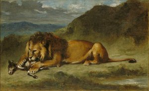 Løven sluger en ged af Imitator of Eugène Delacroix
