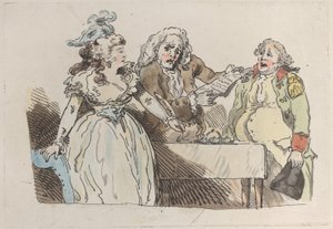 En ung kvindearving gør sig klar til at underskrive et dokument, 1780-1800., 1780-1800. af Imitator of Thomas Rowlandson.