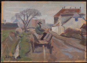 Maleren Ølund Hansen sidder i et vognmaleri af Immanuel Ibsen