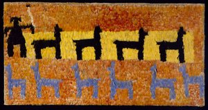 Fjerpanel med lamaer og lamahyrde, 1450-1534 AD (vævet bomuld og fjer)