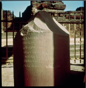 Detalje af søjle af kejser Ashoka c.264-223 f.Kr. med et indgraveret edikt, Mauryan sten af Indian