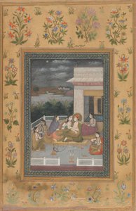Et par på en terrasse omgivet af ledsagere og musikere af Indian 18th Century