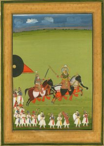 Rajah og søn på heste forklædt som elefanter, og en række ledsagere, ca. 1810