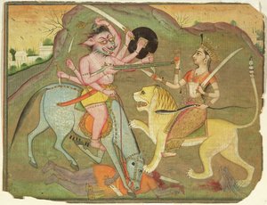 47.110/174 Durga i kamp med Mahishasura, fra Folioen af ​​