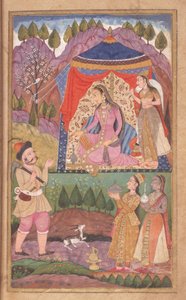 48.62 folio 138 Farhad fortæller om sine eventyr til prinsesse Shirin, fra Khusrau og Shirin, Deccani School, 1722 af Indian School
