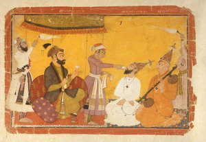 ]7.110359 Gosain Narayan tager gift i nærværelse af kejser Jahangir, Nurpur, Pahari School, 1725 af Indian School