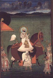 AS10 Album 43 nr.4514 Kat.nr. 514 iii Rana Sarup Singh (1842-61) fra Mewar rider på en kastanjehingst, hans holdere til fods bærer parasoller og kongelige indretninger, Udaipur, ca. 1855 af Indian School