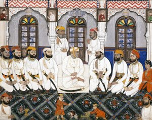 En Jaipur raja klædt til tilbedelse i durbar, ca. 1845 (ugennemsigtigt wc & guld på papir) af Indian School