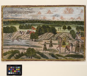 En Nawab og hans holdere på jagtekspedition, ca. 1780 (ugennemsigtig akvarel og guld på papir) af Indian School