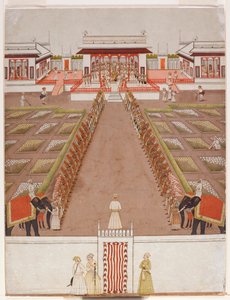 En Nawab-holdeplads i en pavillon, hinsides en allé af holdere og to elefanter, ca. 1765 (ugennemsigtigt wc & guld på papir) af Indian School