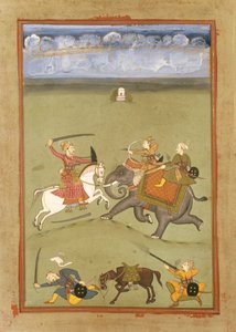 En prins, der bekæmper sine fjender på en elefant, ca. 1710 af Indian School