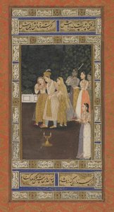 A Prince with Harem Attendants, Albumfolio med maleri, begyndelsen af 1700-tallet (ugennemsigtig akvarel, blæk og guld på papir) af Indian School