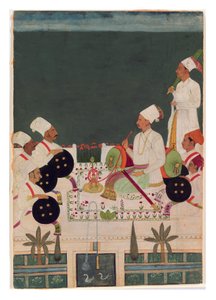 A Rathore Chief with His Kinsmen, ca. 1700 (ugennemsigtigt wc & guld på papir) af Indian School