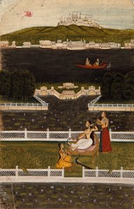 En smuk kvinde på en søterrasse, ca. 1770 (ugennemsigtigt wc & guld på papir) af Indian School