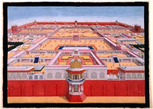Et fugleperspektiv af Det Røde Fort i Delhi fra øst, der viser en kejser, sandsynligvis Shah Alam (1759-1806), der går ind i Diwan-i-Khas til højre, ca. 1780-90 (uigennemsigtig akvarel)) af Indian School