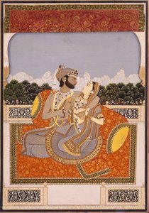 Et par omfavner på en terrasse, ca. 1835 (ugennemsigtigt toilet, lak, guld og glas på papir) af Indian School