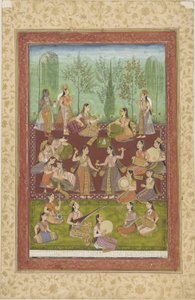 En gruppe kvinder i en have, der underholder sig selv med musik og dans (farve & guld på papir) af Indian School