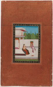 En dame og hendes ældre tjener, 1875-1900 (ugennemsigtigt wc & guld på papir) af Indian School