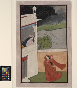 En dame kommer til sin elskers hus i et regnvejr, ca. 1830 (ugennemsigtig w/c og guld på papir)