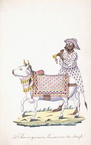 En mand med sin okse, ca. 1825 (blyant, pen, sort blæk, w/c, på Whatman-papir) af Indian School