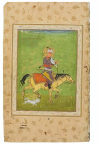Et maleri af Iraj på hesterygning med en Falcon, Indien, Mughal -periode, slutningen af det 16. århundrede (uigennemsigtige pigmenter og guld på Wasli) af Indian School