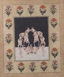 Et par elskende siddende på en gynge sammensat af andre sammenflettede elskere, ca. 1830 (gouache på papir) af Indian School