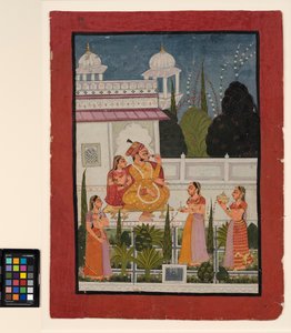 En raja på en terrasse med sin rani, med deltagelse af tre kvinder, slutningen af det 18. århundrede (ugennemsigtig akvarel på papir) af Indian School