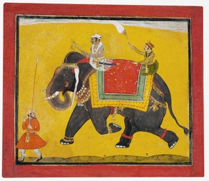 En raja, der rider på en elefant, ca. 1690 (ugennemsigtigt wc på papir) af Indian School