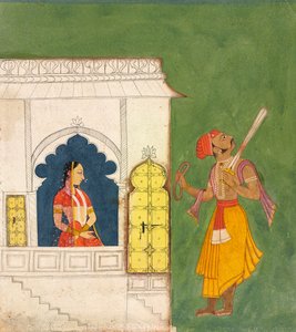 En kvinde stirrer på en kriger, ca. 1680 af Indian School