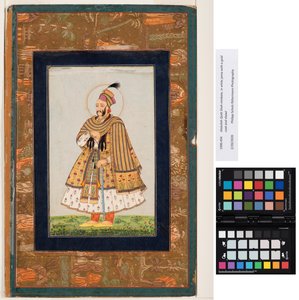 Abdullah Qutb Shah nimbate, i hvid jama med guldfrakke og sjal, ca. 1680 (ugennemsigtig akvarel & guld på papir) af Indian School