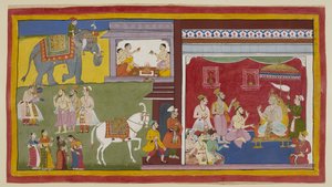 Tilføj 15296 (1) f.11r, Dasaratha, der troner i durbar, fortæller brahminerne Vasistha og Vamadeva og hans minister Sumantra om hans hensigt om at afgive sin trone til Rama som regent; til venstre kalder disse tre Rama og Laksmana. Ovenfor begynder fire br af Indian School