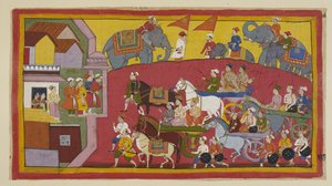 Tilføj 15296 (1) f.128r, Vasisthas og prinsernes vogne, med deltagelse af forskellige ministre og folk, kommer ind i byen Nandigrama. af Indian School