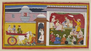 Tilføj 15296 (1) f.12r, Sumantra bringer Rama og Laksmana i en vogn til Dasarathas durbar-sal med en kvinde, der kigger ned fra oven gennem en jharokha. Kongen hilser på Rama, informerer ham om hans beslutning og sætter ham på en lille trone ved siden af h af Indian School
