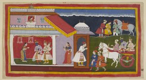 Tilføj 15296 (1) f.41r, Efter at have overtalt sin mor og bror til roligt at acceptere hans skæbne, vender Rama og Laksmana tilbage til sit eget palads i vognen, og Ramas hoved bøjede sig i sin sædvanlige ydmyghed. De bliver mødt af Sita, som først har set af Indian School