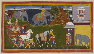 Tilføj 15296 (1) f.4r, Bharata, Shatrughna og deres onkel, sammen med holdere og to ledede rideheste, med læssede elefanter ud over horisontlinjen, ankommer til slottet til kongen af Kekaya, Bharatas morfar, som venter på dem kigger ud af Indian School