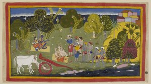 Tilføj 15296 (1) f.63r, ledsagerne har nået floden Ganga ved Srngaverapura Rama og Sita sidder på en måtte af halm under et træ, der er beregnet til at være et Ingudi-træ, mens Laksmana og Sumantra på samme måde sidder vendt mod dem. Hestene har været unha af Indian School